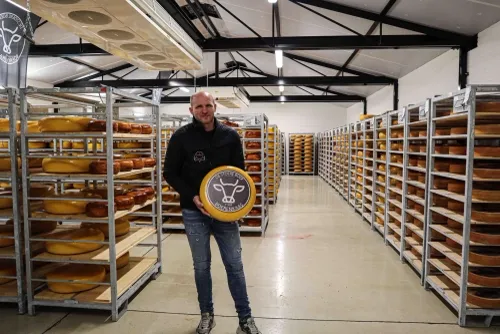 Grote ambachtelijke boerenkaas van De Kaasbunker in de opslag.