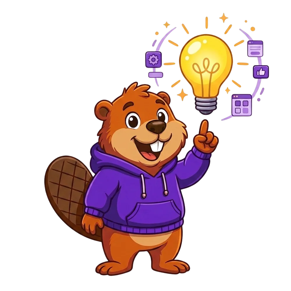 Bever met een groot idee: een oplichtende gloeilamp boven zijn hand